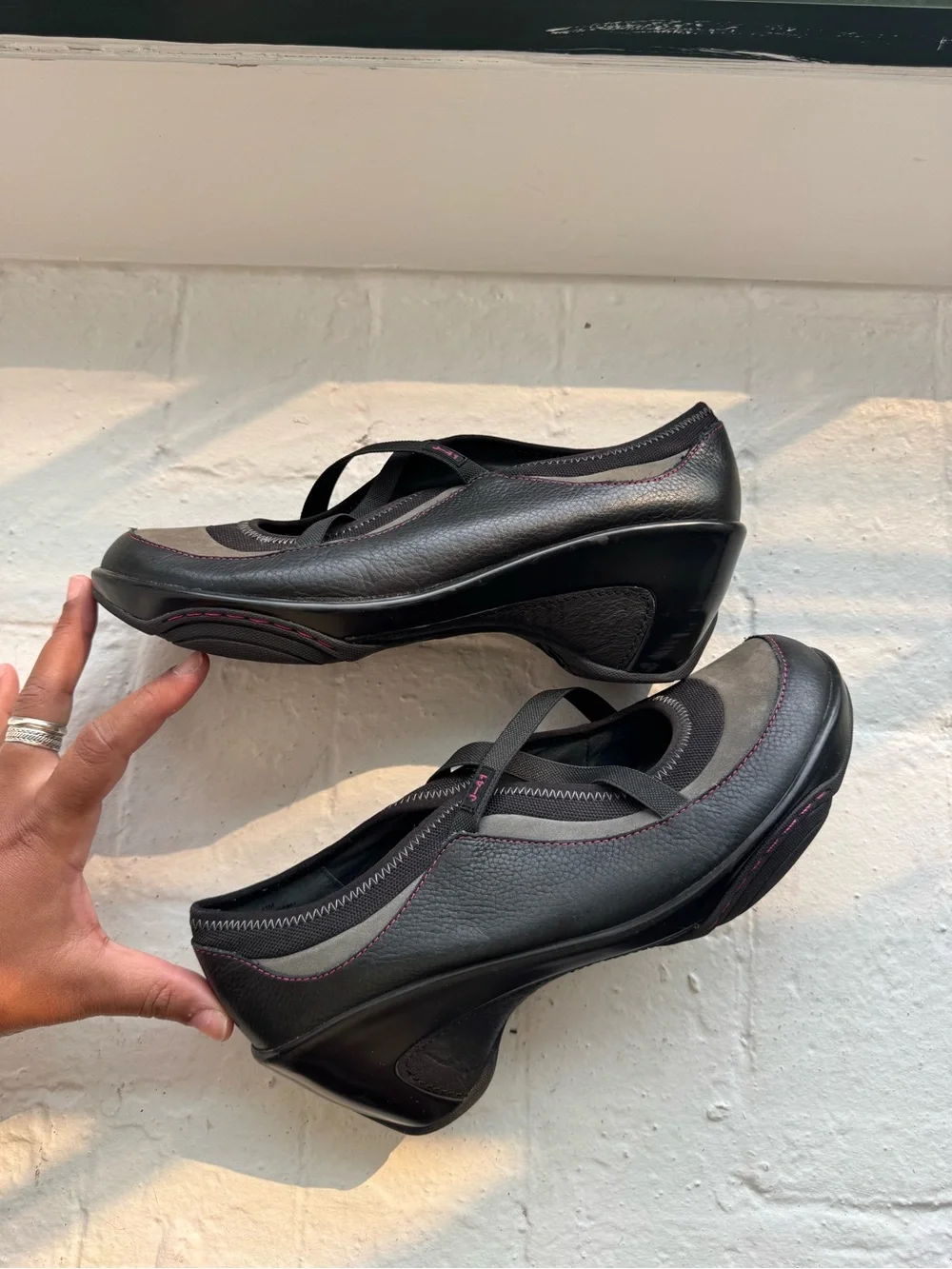 Women’s Black Wedge Mary Jane Shoes with Subtle Pink Stitching